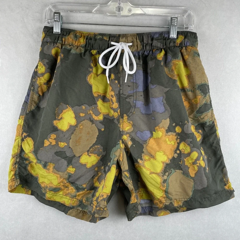 Urban Outfitters Mens Abstract Camo Swim Trunks Green Yellow Blue Nylon‎ M Gorp